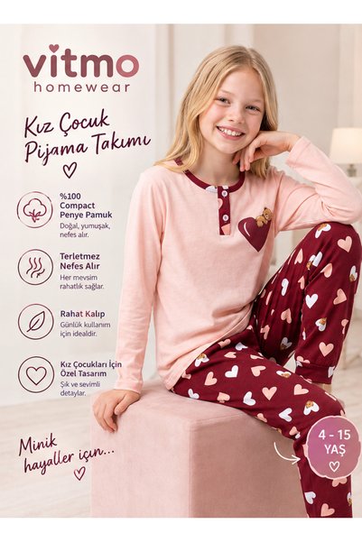 vitmo Kız Çocuk Uzun Kollu Düğme Detaylı %100 Pamuklu Pijama Takımı Huggy
