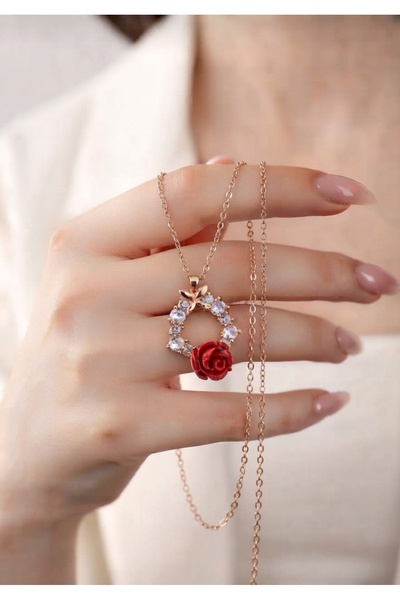 925 Ayar Gümüş Kelebekli Gül Rose Gold Renk Kolye