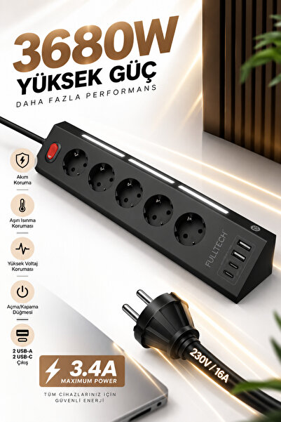 Yussraw Fulltech FTR-26 Akım Korumalı Priz Siyah 9’lu (5 Priz + 2 USB-A + 2 USB-C) 3680W 16A, 2 Metre Kablolu