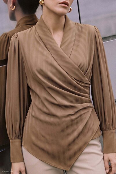Sateen Striped Patterned Double-Breasted Blouse - Milk Coffee