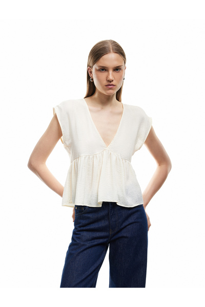 Koton Aerobin Fabric Pleated V-Neck Sleeveless Satin Blouse