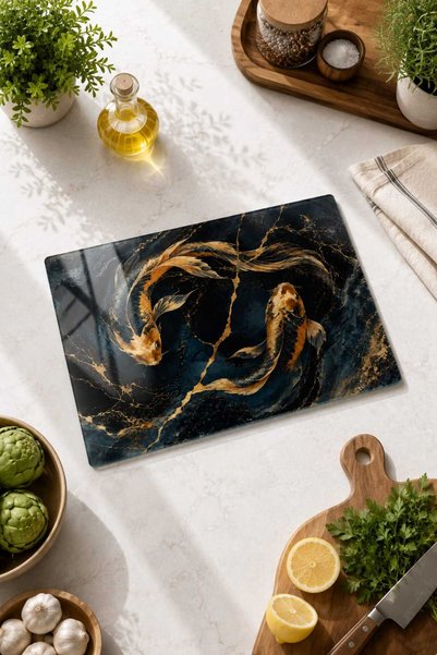 Generic Brand Glass Cutting Board with Koi Fish Theme - Glass Cutting Board |   20cm X 30cm