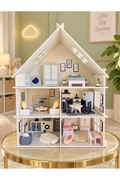 duruwoods Ahşap Oyuncak Bebek-Çocuk Dekor Oyun Evi-3 Katlı-85 Parçalı Oyuncak Ev