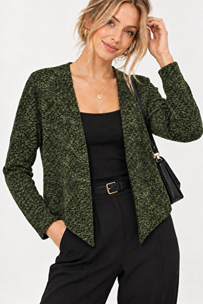 MetuCA Women's Green Black Melange Collarless Regular Fit Buttonless Knitwear...