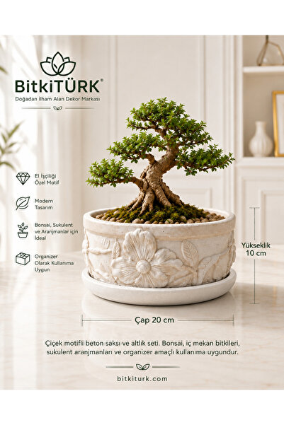 BitkiTÜRK Çiçek Motifli Beton Saksı ve Altlık Seti 20x10 cm | Bonsai, Barış Ç...