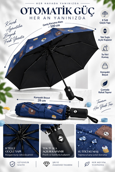 Chunky Frame Ayıcık Desenli Lacivert Otomatik Full Fonksiyon Açma Kapama Fibe...