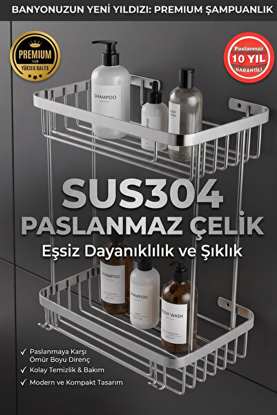 BanyomHome Krom Paslanmaz Çelik SUS304 Kalite Taci 2'Lİ Şampuanlık Banyo Rafı