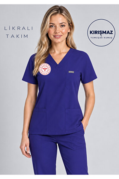 Simirna Üniforma Patriot Blue Yarasa Kol Logolu Likralı Takım Hemşire Forması...