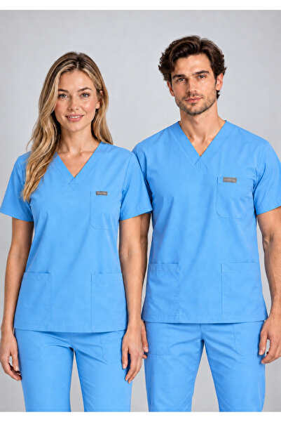 Simirna Üniforma Doktor Hekim Üniforması Takım Logosuz Likralı Alaska Mavi Do...