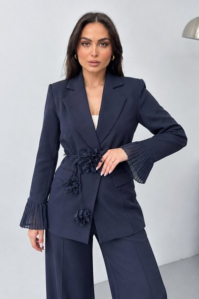 msm fashion Women's Jacket Trouser Suit Stylish Wide Leg Ribbed Sleeve Tulle Detailed Floral Lace-Up Belted Blazer
