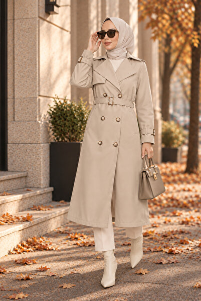 FOMLY Women's Stone Lined Double-Breasted Long Trench Coat with Waist Belt