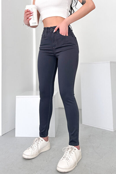 HLT JEANS بنطلون جينز نسائي رمادي داكن بقصة ضيقة للغاية من الليكرا عالي الخصر...