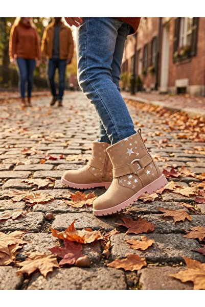 nuh kids Genuine Leather Powder Star Printed Orthopedic Zippered Girls' Boots