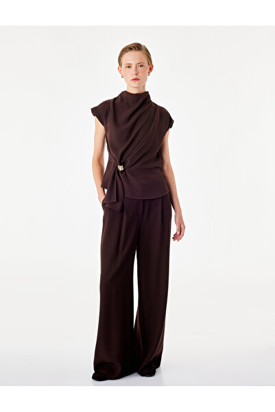 Koton Drapeli High Collar Short Sleeve Crepe Blouse with Metal Accessories
