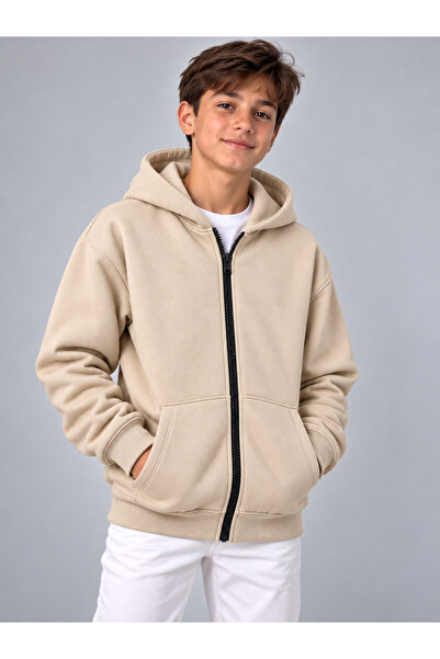 KİDSPİTİRCİK UNISEX ÇOCUK BEJ FERMUARLI HIRKA 3IPLIK ŞARDONLU (KALIN-KIŞLIK)