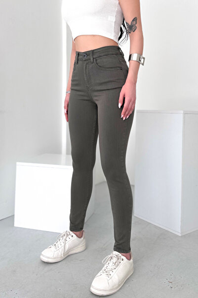 HLT JEANS بنطلون جينز نسائي كاكي فاتح فائق النحافة من الليكرا المرن عالي الخص...