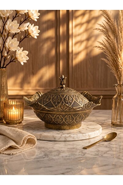 Generic وعاء سكر نحاسي أنيق على الطراز العثماني مع غطاء - لون برونزي ساحر، تص...