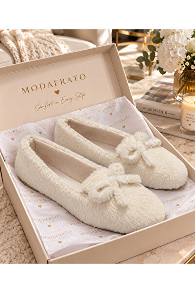 Moda Frato Br-33 Women's Home Slippers with Bow, Winter Wool Inside, Home Sho...