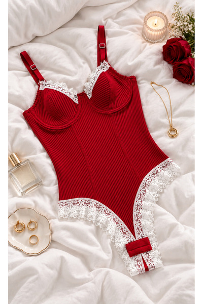 İNKO İÇ GİYİM Pamuklu Dantel Detaylı Kırmızı Balenli Pamuklu Kaşkorse Bodysuit