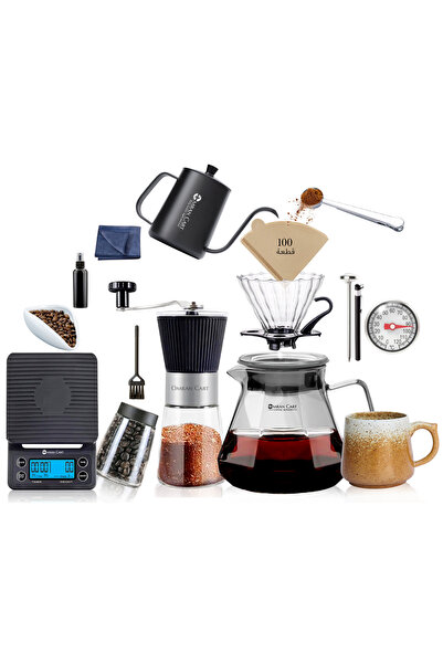 Omran Cart طقم قهوة V60 Pour Over مكون من 14 قطعة مع مغرفة رمادية، مطحنة، قطا...
