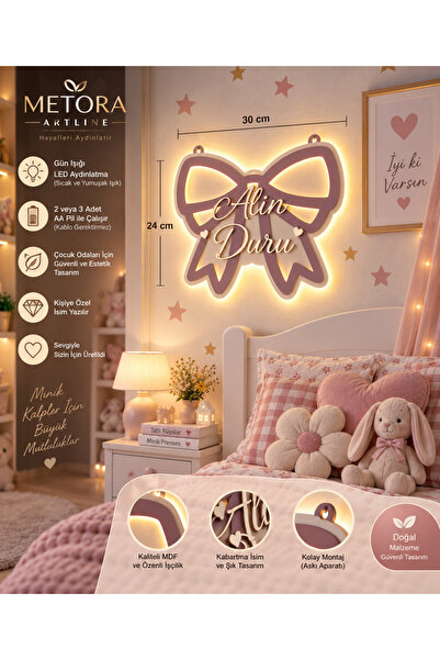 metora FİYONK 4 mm MDF 2 katman Kişiye Özel LED Işıklı Fiyonk Kapı Süsü–Gün I...