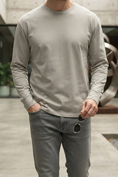 5615 Erkek Uzun Kollu Basic T-Shirt %100 Pamuk Regular Fit Bisiklet Yaka Sweat