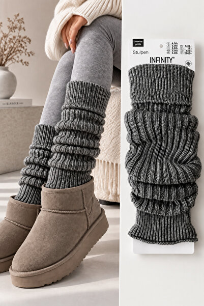 Hakan Collezione Gri %100 Akrilik Triko Örgü Leg Warmer Ayak Isıtıcı Uzun Toz...