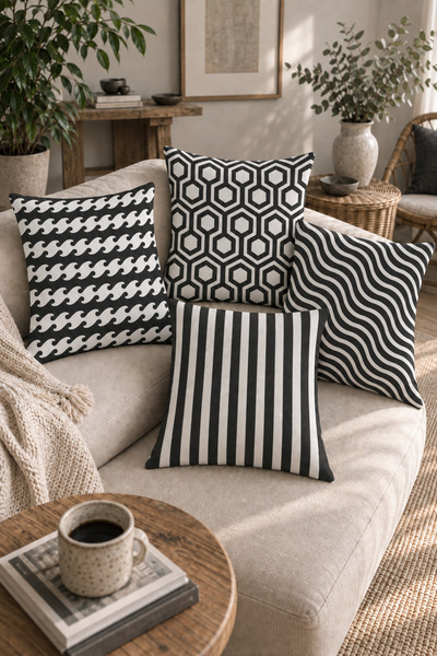 Belle Benoit Set of 4 Double-Sided Digital Printed Black and White Pillowcase...