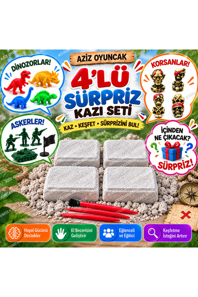 AZİZ OYUNCAK 🍀 4’lü Sürpriz Kazı Seti Arkeolojik Bilim Kazı Oyunu Dinozor As...