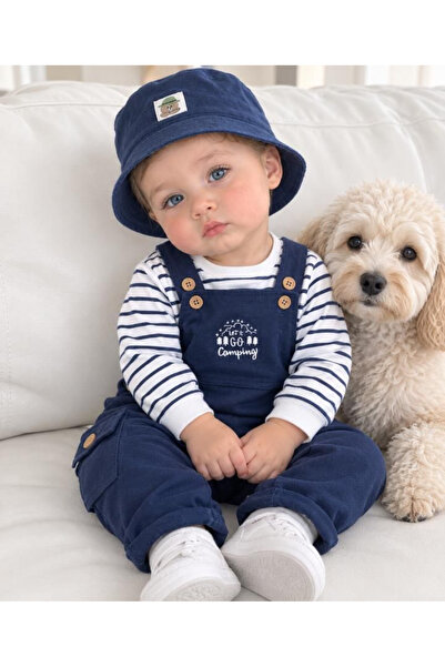 Bolly Baby Safari Şapkalı Nakışlı Şeritli Sweatshirt Salopet Erkek Bebek Takım