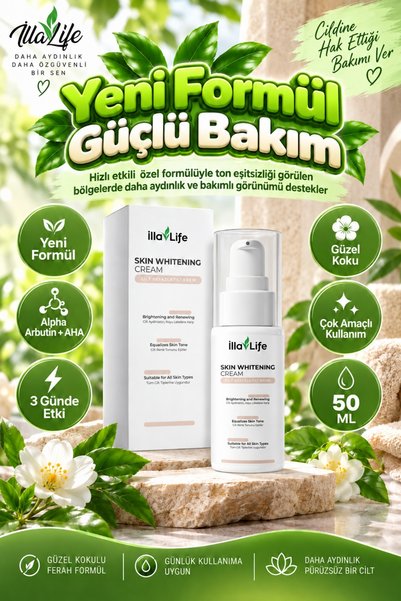 İlla Life Hızlı Etkili Kararma Karşıtı Cilt Beyazlatıcı Aydınlatıcı Ton Eşitleyici Koltuk Altı Bikini Bölgesi Diz Dirsek Bacak Genital Özel Bölge Alpha Arbutin AHA Özel Formül Beyazlatma Whitening Cream 50 ml