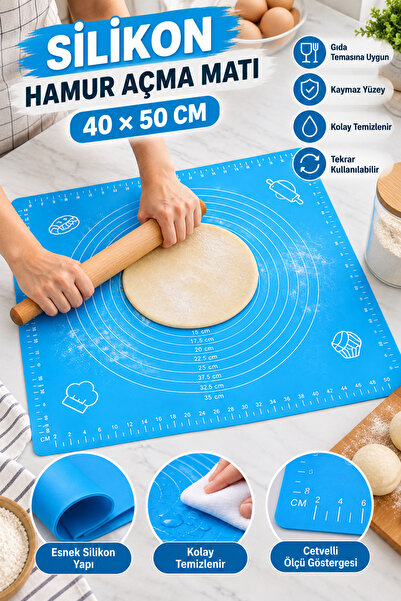 tafce Silikon Hamur Açma Matı 40x50 cm Ölçülü Cetvelli Hamur Yoğurma Açma Pas...