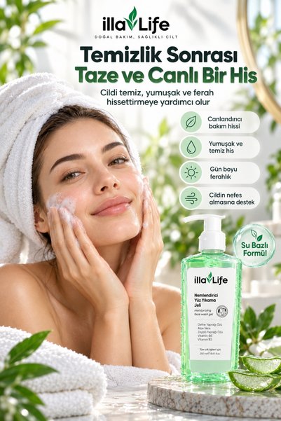 İlla Life Doğal Su Bazlı Yüz Temizleme ve Yıkama Jeli Hyalüronik Asit Aloe Vera B5 B3 Makyaj Kir ve Fazla Yağ Temizleyici Nemlendirici Canlandırıcı Arındırıcı 250 ml - Tüm Cilt Tipleri Günlük Cilt Bakım Rutini