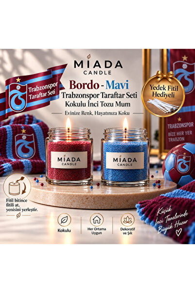 Cam Kavanozda Bordo Mavi Trabzon Taraftar İnci Tozu Kokulu Kum Mum Fitil Hediyeli