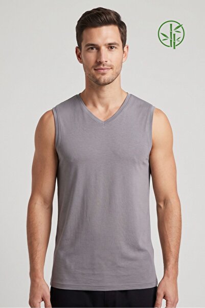 OBJE Men's Livid Gray Bamboo V-Neck Zero Sleeve T-Shirt
