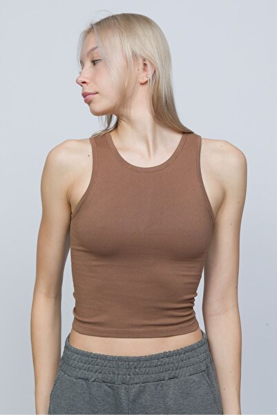 OBJE Women's Bronze Brown Ribbed Zero Sleeve Crop Tank Top