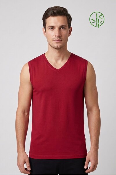 OBJE Men's Burgundy Bamboo V-Neck Zero Sleeve T-Shirt