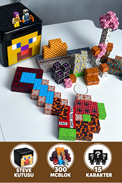 McBlok Steve Kutulu Minecraft Manyetik Blok Seti - 300 Parça + 15 Karakter