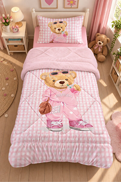 Evmila Pink Plaid Patterned and Teddy-Shaped Single 160X220 cm Welsoft Double...