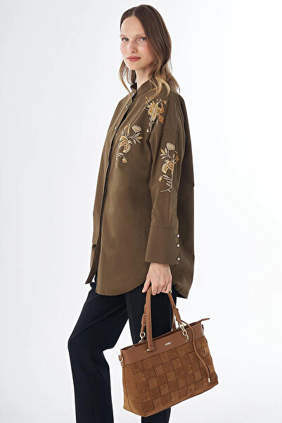 Kayra 100% Cotton Hakim Collar Tunic Dark Khaki