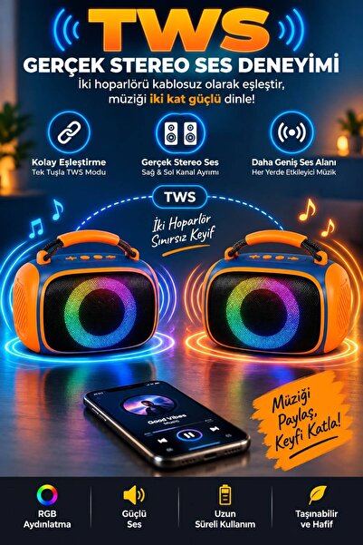 Omaze Taşınabilir Bluetooth Hoparlör RGB Işıklı Şarjlı Kablosuz Mini Ses Bombası Tutma Saplı Speaker