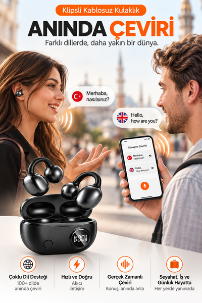Omaze Klipsli Bluetooth Kablosuz Kulaklık Çeviri Özellikli Dijital Ekranlı Şarj Kutulu TWS