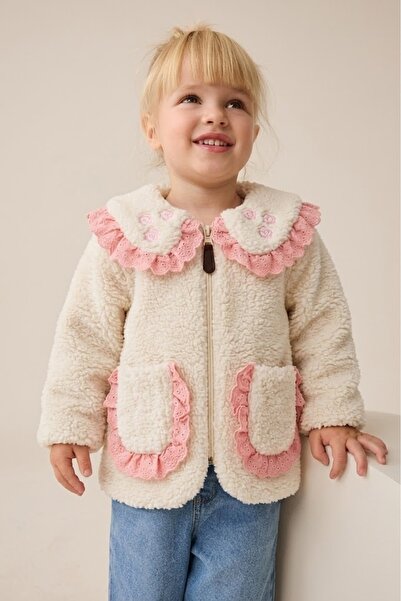PARK BEBE Kız Bebek Peluş Ceket Nakışlı ve Dantel Bebe Yaka Detaylı Yumuşak D...