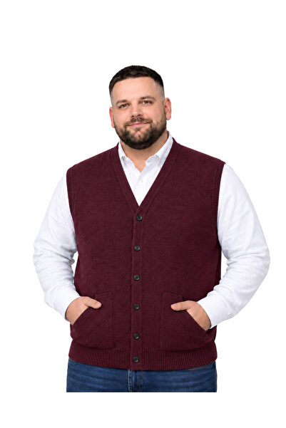 BattalModa Men's Large Size Burgundy Knit Vest with Pockets 3Xl-4Xl-5Xl-6Xl