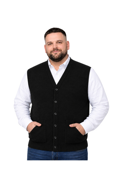 BattalModa Erkek Büyük Beden Siyah Cepli Triko Yelek 3XL-4XL-5XL-6XL