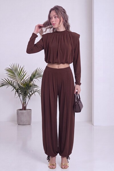 zks grup tekstil Women's Long Sleeve Crop Top and Tie-Cuff Shalwar Bottom Set...