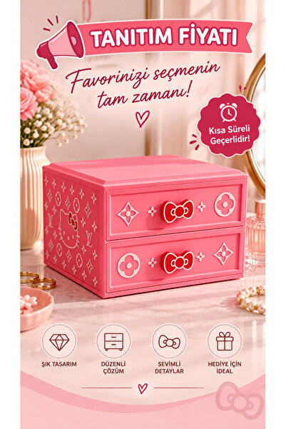 PELIUS Hello Kitty Pembe Çekmece, 2 Katlı Organizer, Saklama, Takı ve Toka Ku...