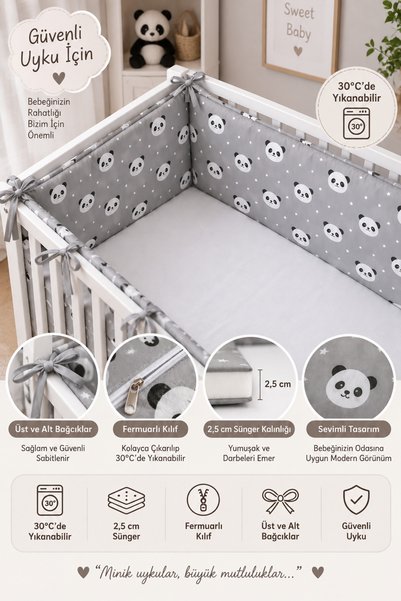 Jaju Baby 4 Kenar Gri Panda Desenli 80x130 Montessori / Beşik Beşik Kenar Kor...