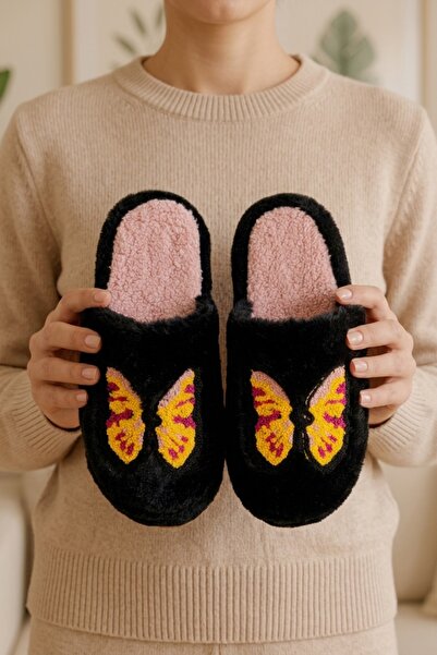 Beyond Women's Black Large Yellow Butterfly Embroidered Detailed Plush Furry ...