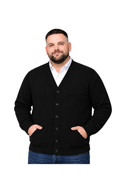 BattalModa Erkek Büyük Beden Siyah Cepli Düğmeli Triko Hırka 3XL-4XL-5XL-6XL